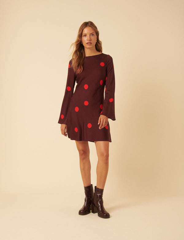 Nobody’s Child Burgundy Polka Dot Long Sleeve Romy Mini Dress