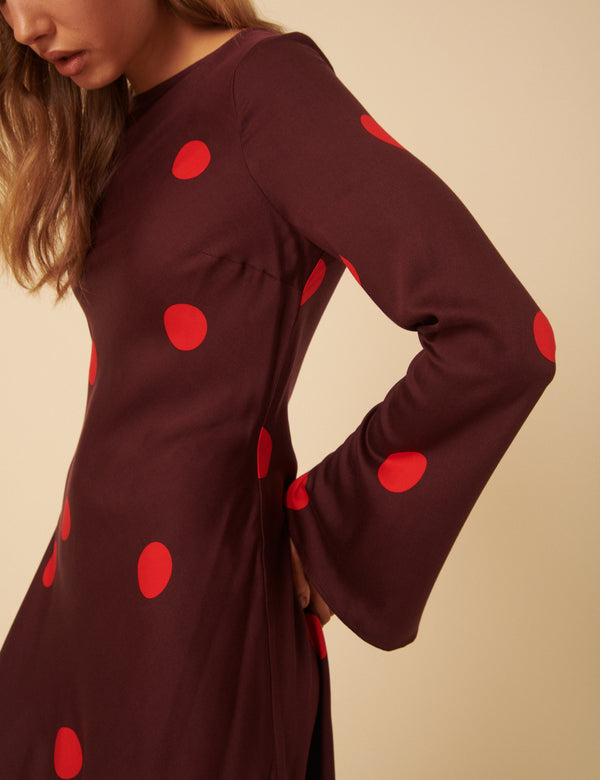 Nobody’s Child Burgundy Polka Dot Long Sleeve Romy Mini Dress
