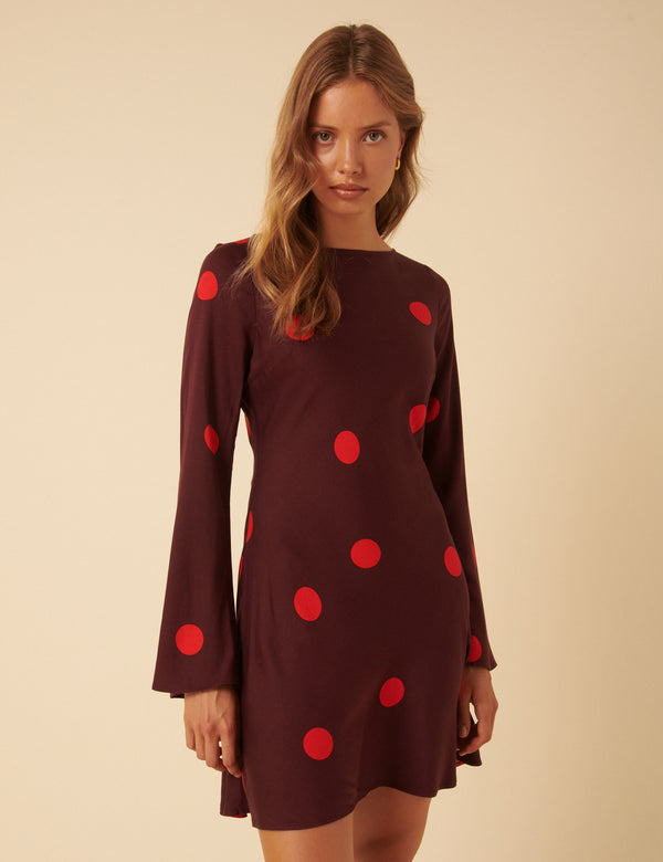 Nobody’s Child Burgundy Polka Dot Long Sleeve Romy Mini Dress