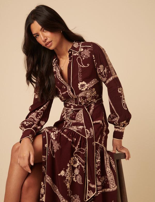 Nobody’s Child Burgundy Printed Brooklyn Midi Shirt Dress