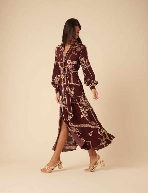 Nobody’s Child Burgundy Printed Brooklyn Midi Shirt Dress
