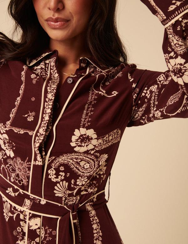 Nobody’s Child Burgundy Printed Brooklyn Midi Shirt Dress