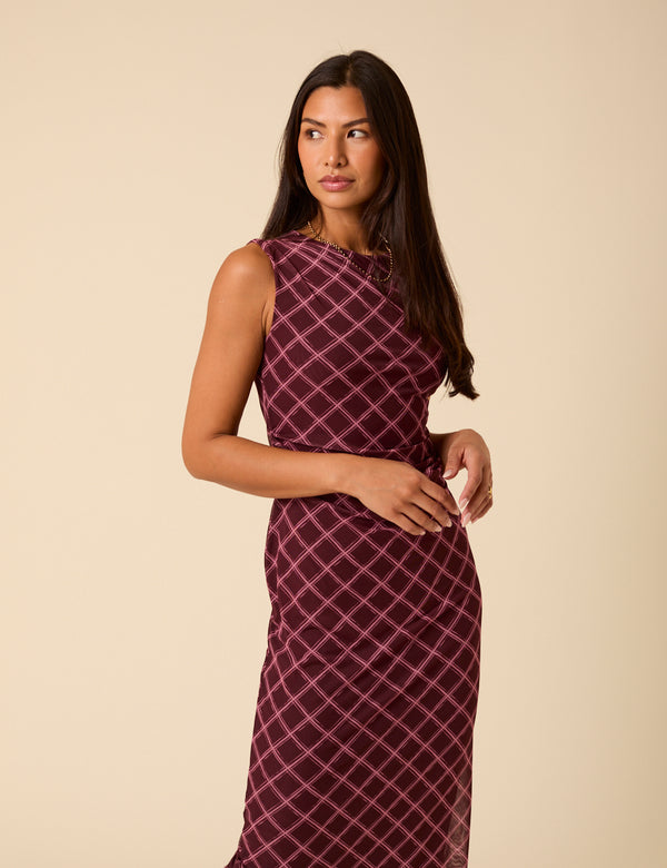 Nobody’s Child Burgundy Printed Ruched Mesh Midi Dress