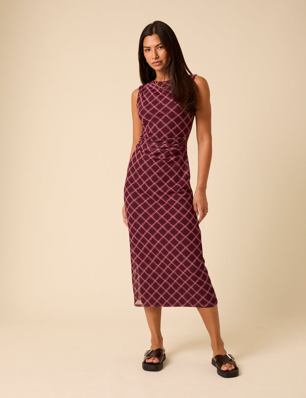 nobody’s child Burgundy Printed Ruched Mesh Midi Dress