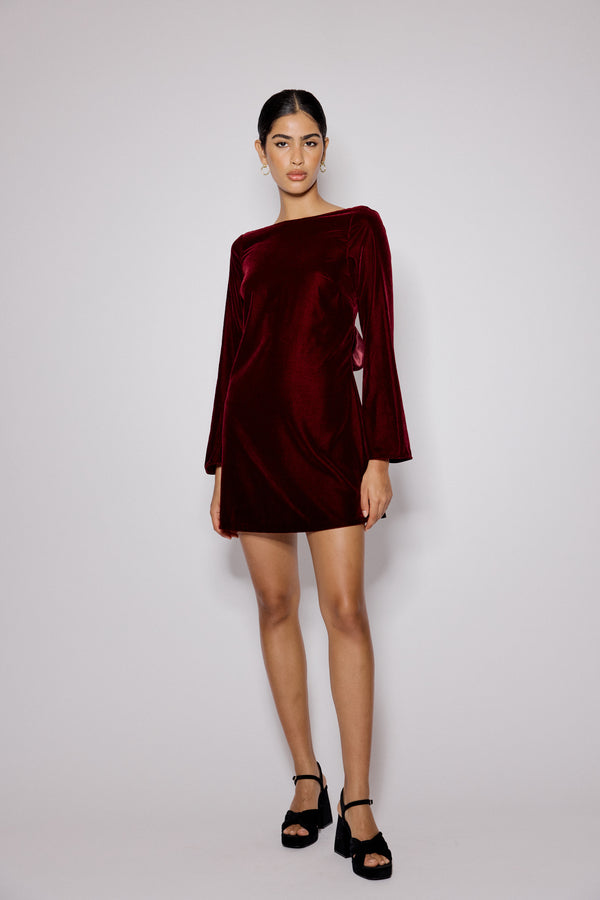 Nobody’s Child Burgundy Satin Bow Back Joelle Mini Dress