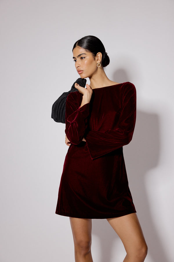 Nobody’s Child Burgundy Satin Bow Back Joelle Mini Dress
