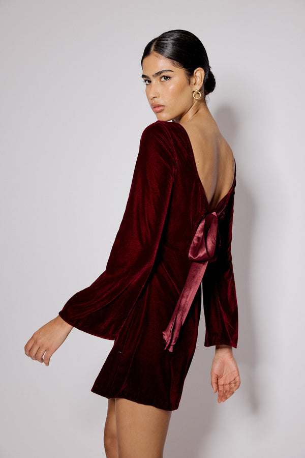 nobody’s child Burgundy Satin Bow Back Joelle Mini Dress