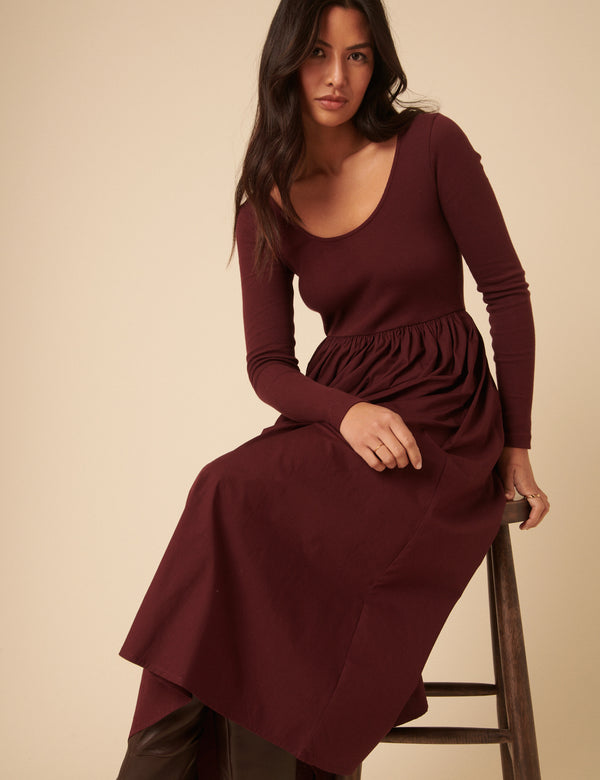 Nobody’s Child Burgundy Scoop Neck A-Line Midi Dress