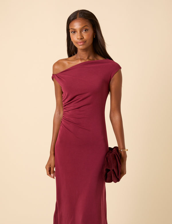 Nobody’s Child Burgundy Twist Shoulder Bethany Midi Dress