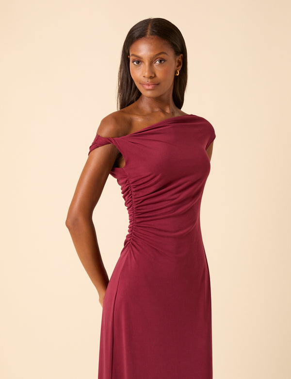 Nobody’s Child Burgundy Twist Shoulder Bethany Midi Dress