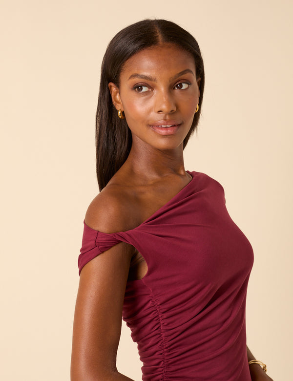 Nobody’s Child Burgundy Twist Shoulder Bethany Midi Dress