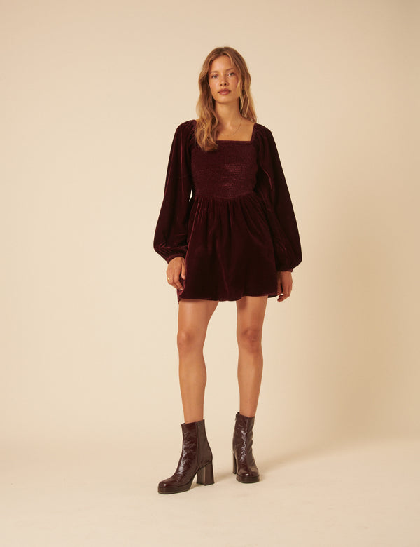 Nobody’s Child Burgundy Velvet Balloon Sleeve Jupiter Mini Dress