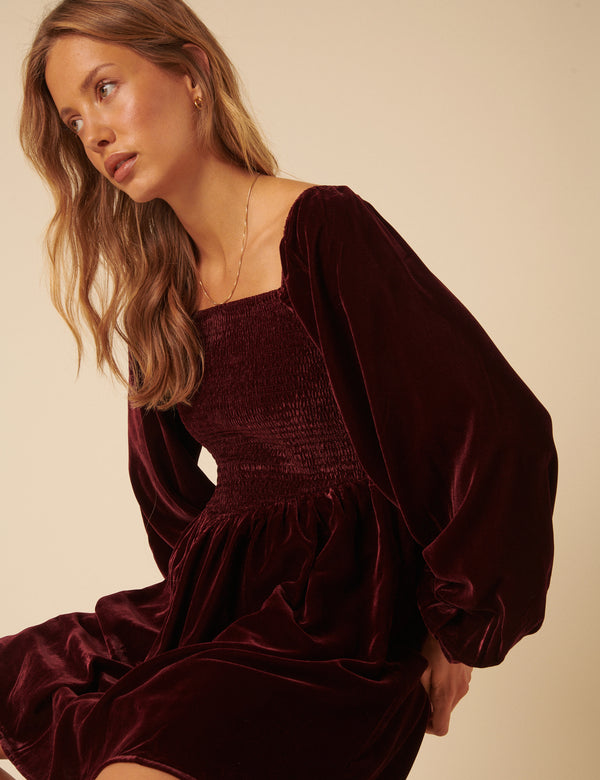 Nobody’s Child Burgundy Velvet Balloon Sleeve Jupiter Mini Dress