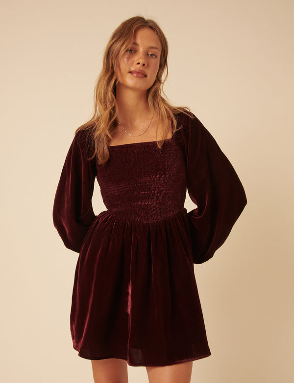 nobody’s child Burgundy Velvet Balloon Sleeve Jupiter Mini Dress