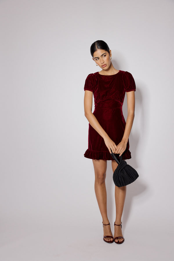 Nobody’s Child Burgundy Velvet Frill Hem Cosmo Mini Dress