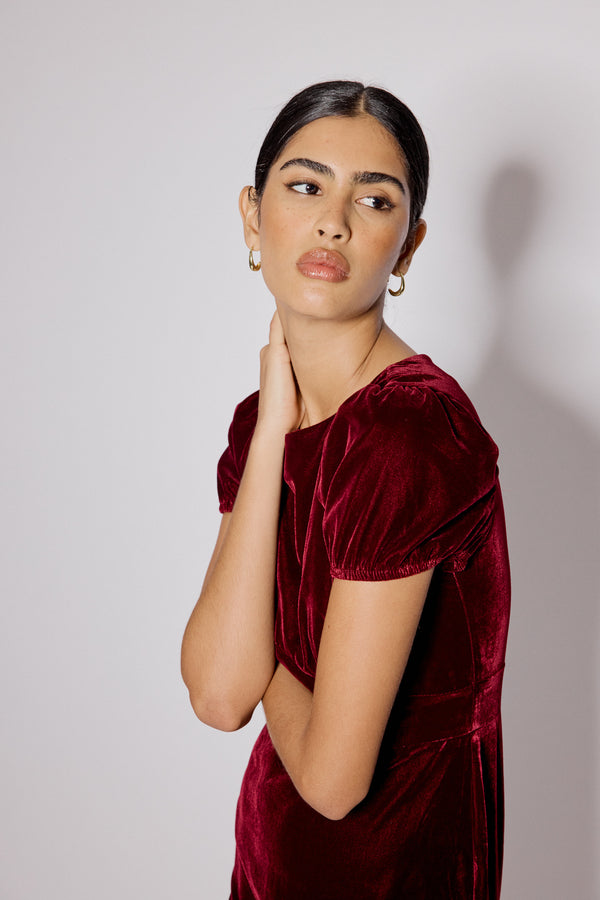 Nobody’s Child Burgundy Velvet Frill Hem Cosmo Mini Dress