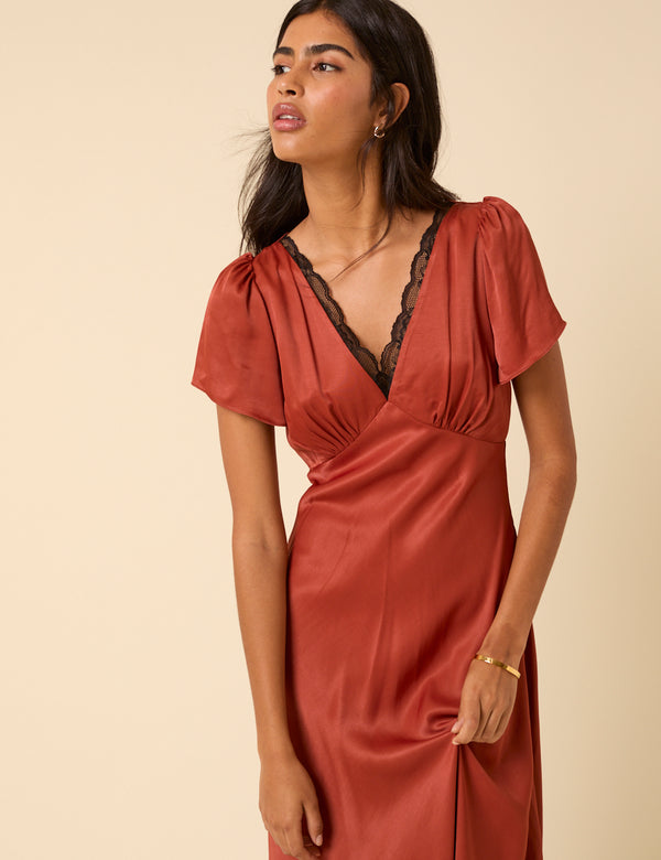 Nobody’s Child Burnt Rust Satin Lace Trim Sienna Midaxi Dress