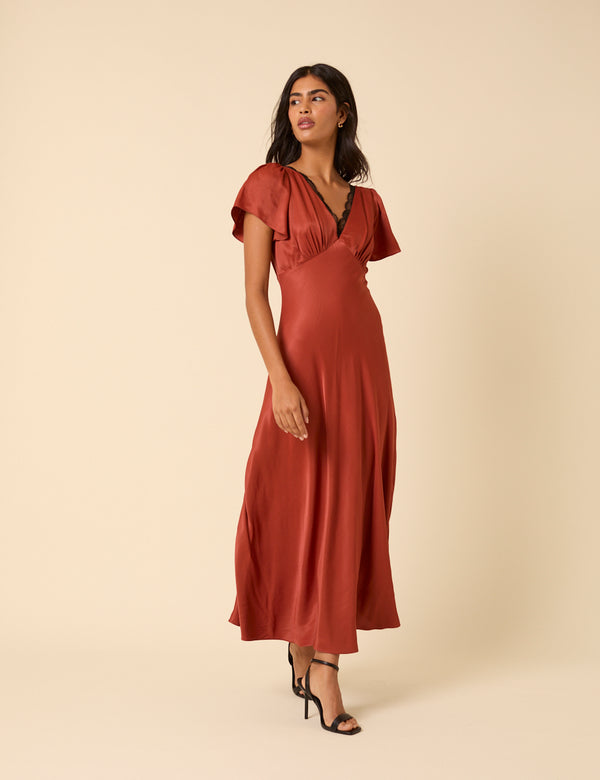 Nobody’s Child Burnt Rust Satin Lace Trim Sienna Midaxi Dress