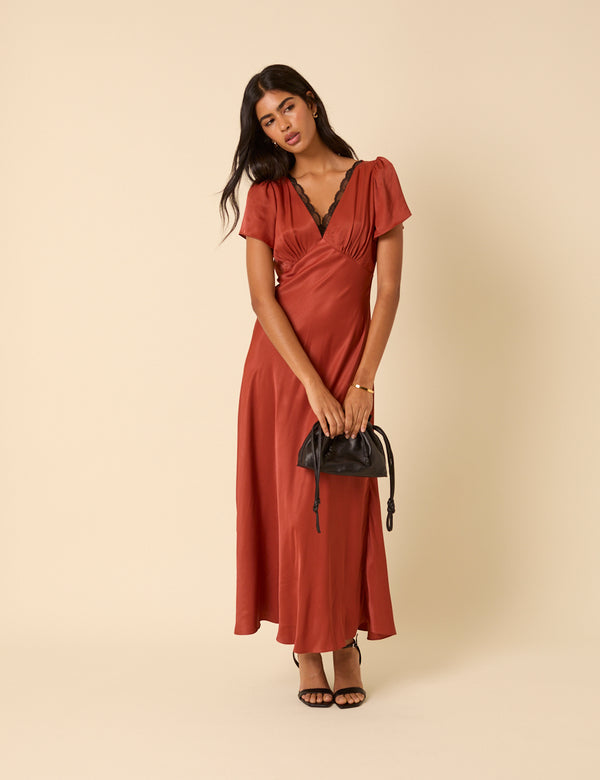 Nobody’s Child Burnt Rust Satin Lace Trim Sienna Midaxi Dress
