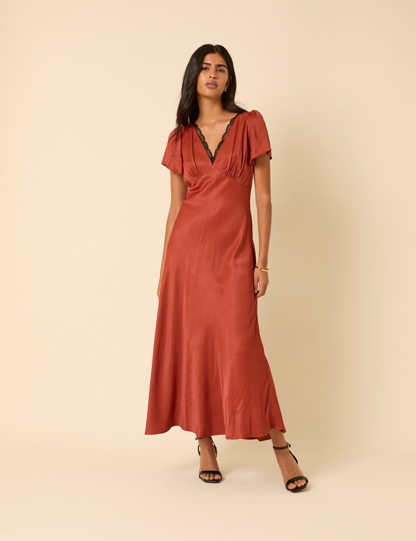 nobody’s child Burnt Rust Satin Lace Trim Sienna Midaxi Dress