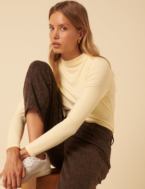 Nobody’s Child Butter Yellow Ribbed High Neck Long Sleeve Top