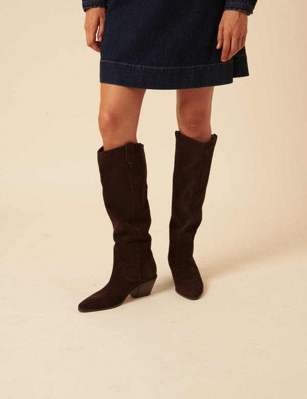 Nobody’s Child Chocolate Brown Suede Western Knee High Boots