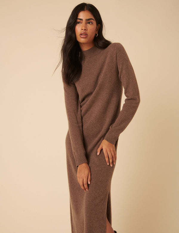 Nobody’s Child Dark Beige Cashmere Funnel Neck Midi Dress