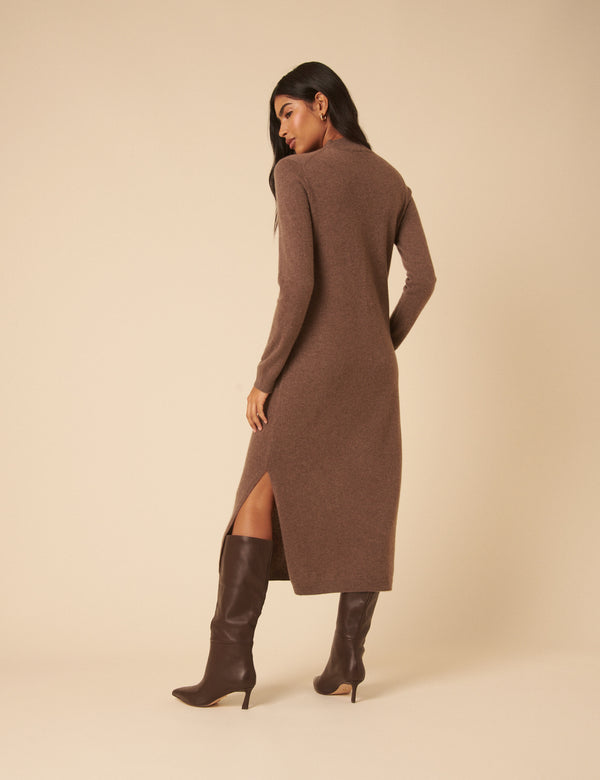 Nobody’s Child Dark Beige Cashmere Funnel Neck Midi Dress