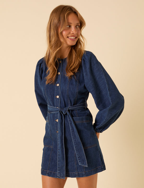 Nobody’s Child Dark Blue Denim Carlee Tie Waist Mini Dress