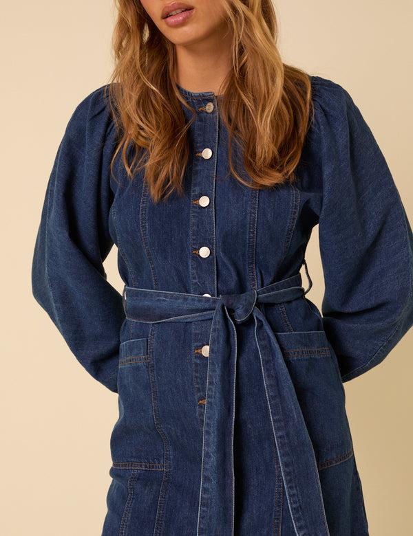 Nobody’s Child Dark Blue Denim Carlee Tie Waist Mini Dress