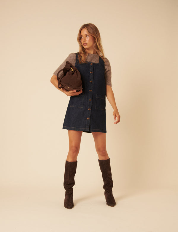 Nobody’s Child Dark Blue Denim Danni Pinafore Mini Dress