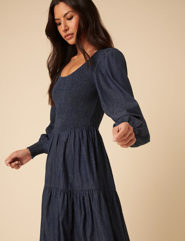 Nobody’s Child Dark Blue Denim Shirred Tiered Lilly Midi Dress