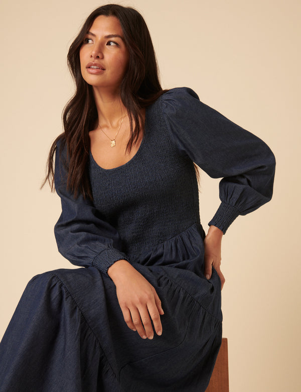 Nobody’s Child Dark Blue Denim Shirred Tiered Lilly Midi Dress