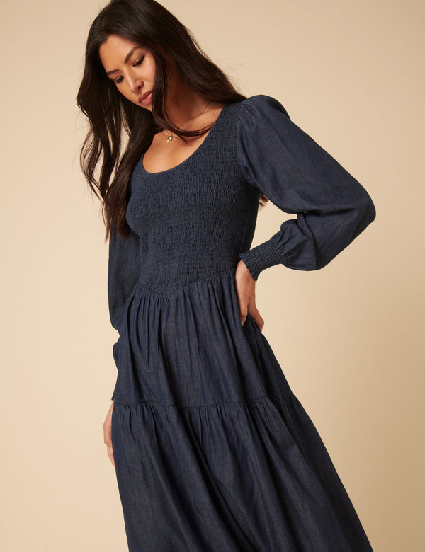 Nobody’s Child Dark Blue Denim Shirred Tiered Lilly Midi Dress