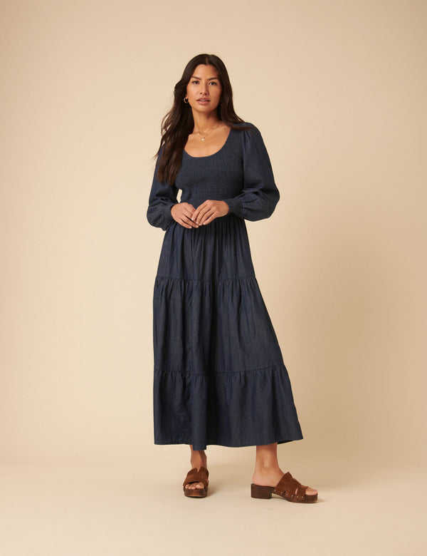 nobody’s child Dark Blue Denim Shirred Tiered Lilly Midi Dress