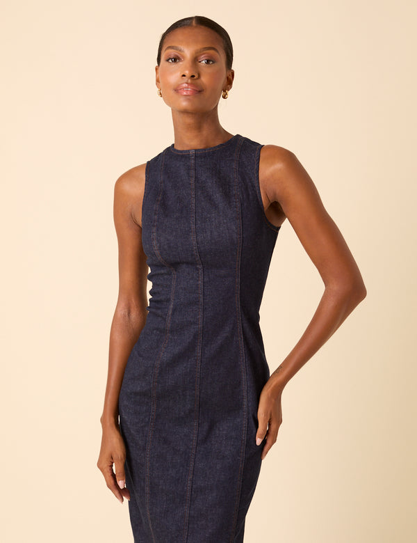 Nobody’s Child Dark Blue Denim Sleeveless Stretch Column Midi Dress