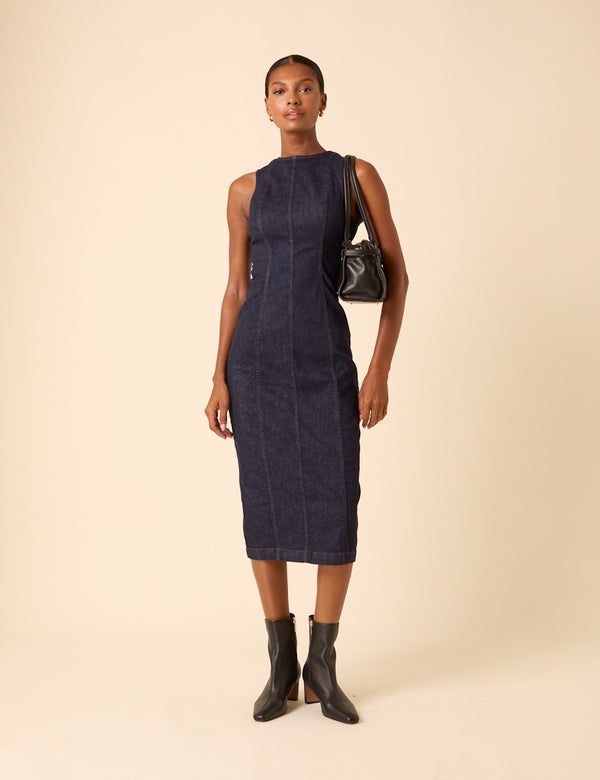 Nobody’s Child Dark Blue Denim Sleeveless Stretch Column Midi Dress