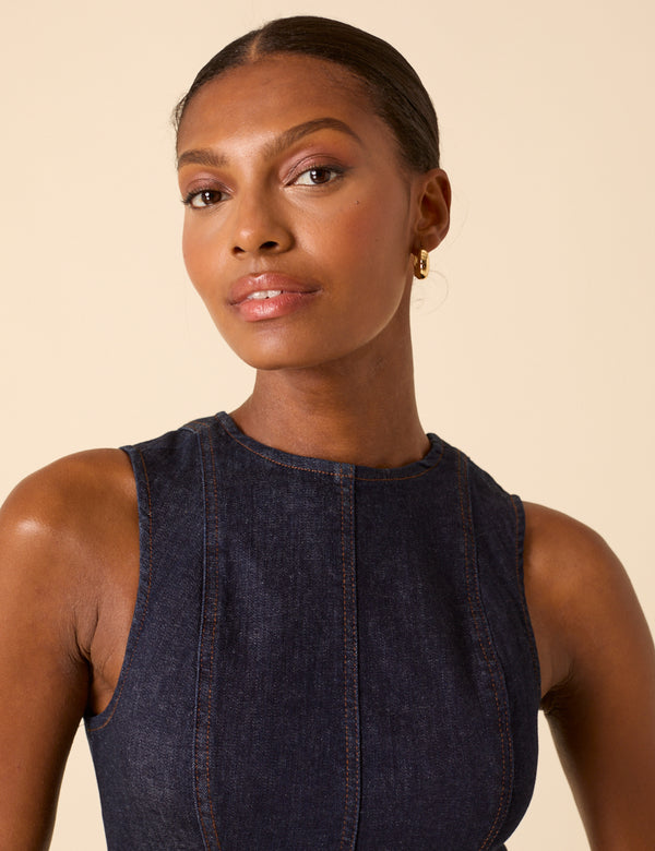 Nobody’s Child Dark Blue Denim Sleeveless Stretch Column Midi Dress