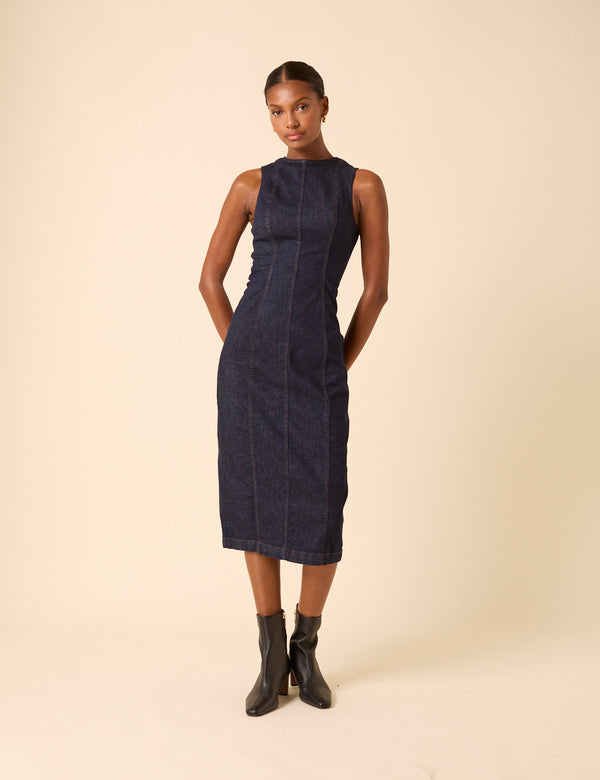 nobody’s child Dark Blue Denim Sleeveless Stretch Column Midi Dress