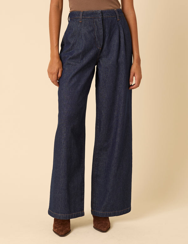 Nobody’s Child Dark Blue High Rise Pleated Tailored Jeans