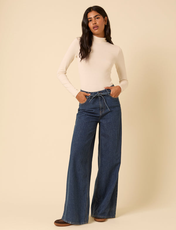 Nobody’s Child Dark Blue High Rise Tie Waist Wide Leg Jeans
