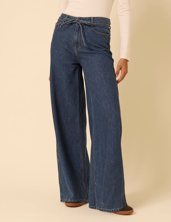 Nobody’s Child Dark Blue High Rise Tie Waist Wide Leg Jeans