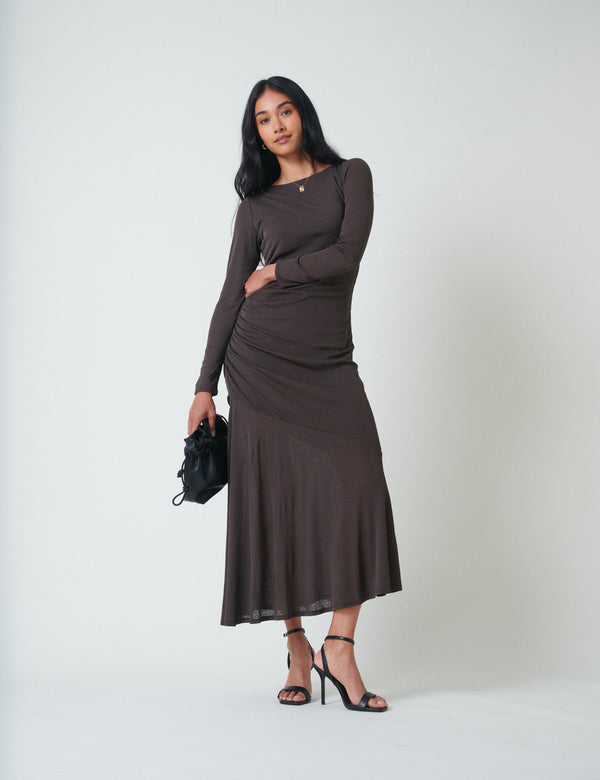 Nobody’s Child Dark Brown Asymmetrical Tallulah Midi Dress