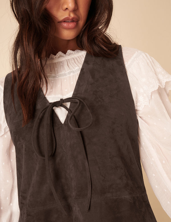 Nobody’s Child Dark Brown Suede Mini Pinafore Dress
