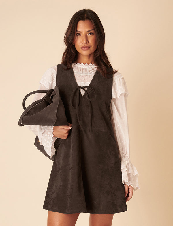 Nobody’s Child Dark Brown Suede Mini Pinafore Dress