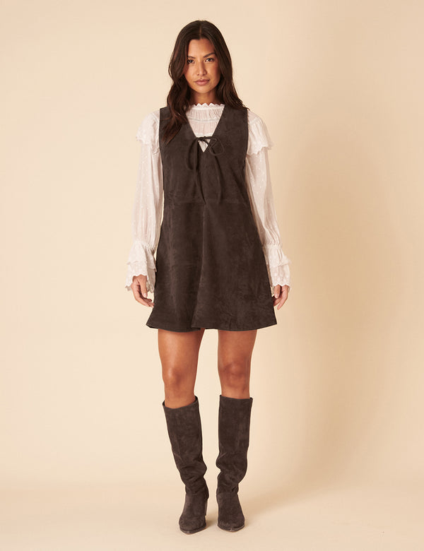 Nobody’s Child Dark Brown Suede Mini Pinafore Dress