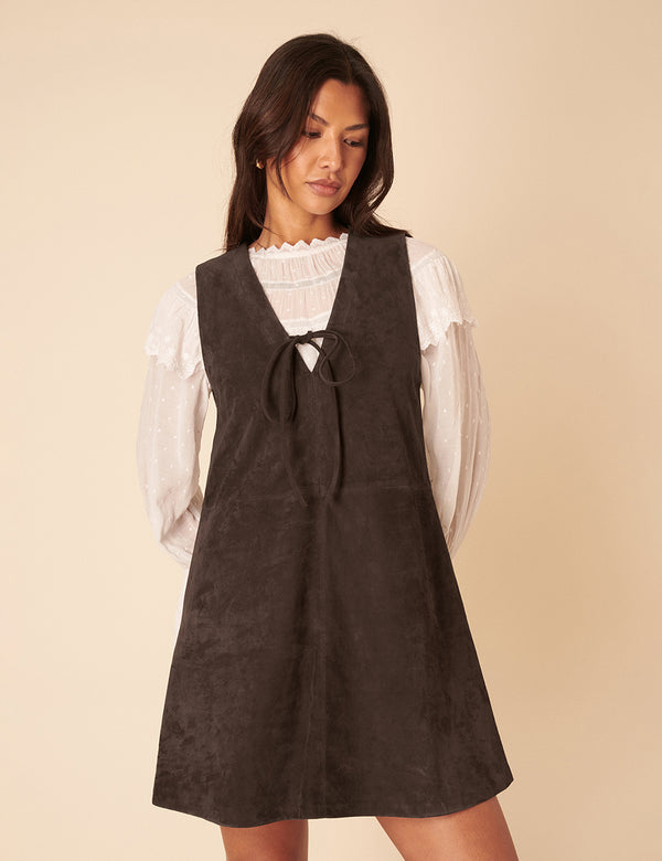 nobody’s child Dark Brown Suede Mini Pinafore Dress
