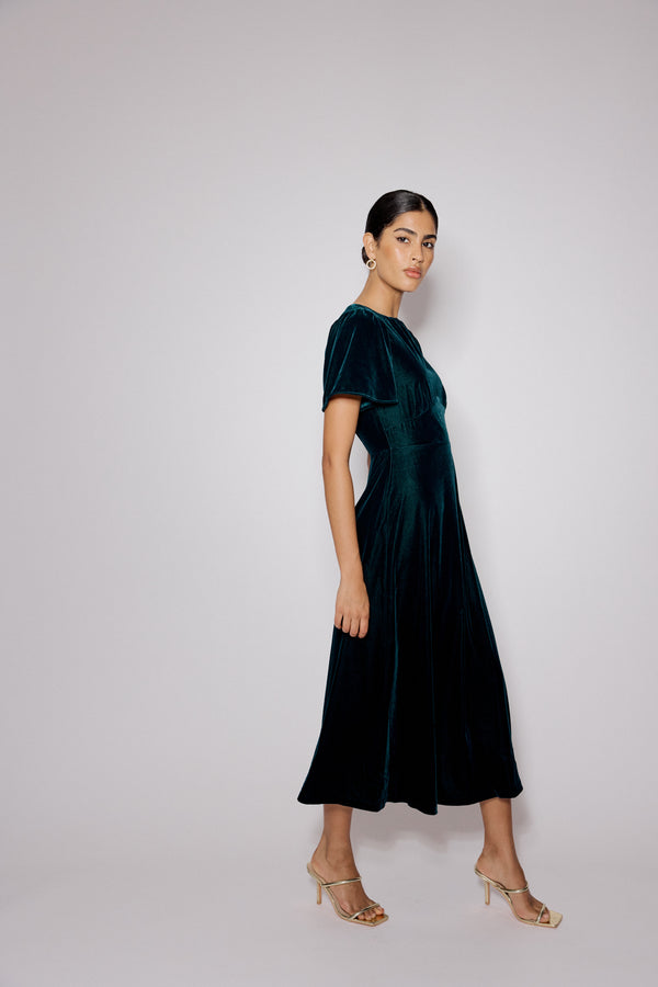 Nobody’s Child Dark Green Velvet A-Line Allegra Midi Dress
