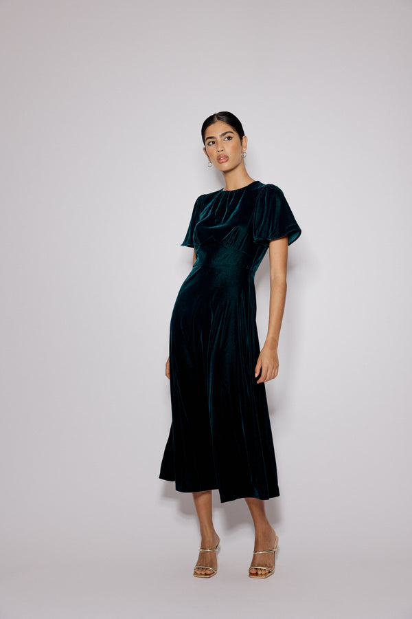 Nobody’s Child Dark Green Velvet A-Line Allegra Midi Dress