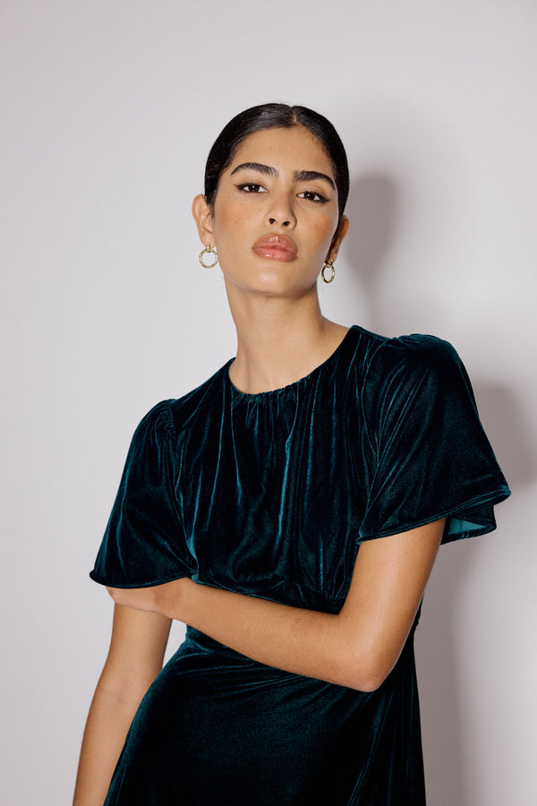 Nobody’s Child Dark Green Velvet A-Line Allegra Midi Dress